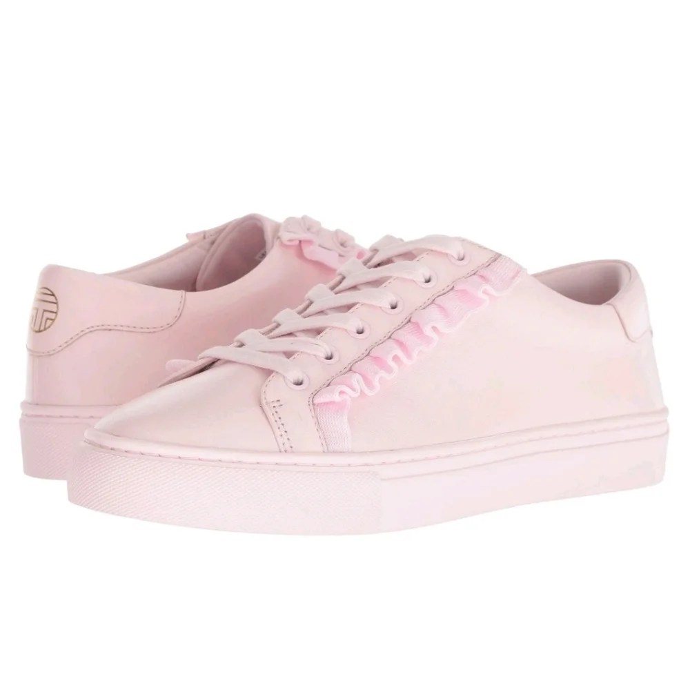 Tory Burch Sport Calf Leather Ruffle Sneakers Cotton Pink Size 9